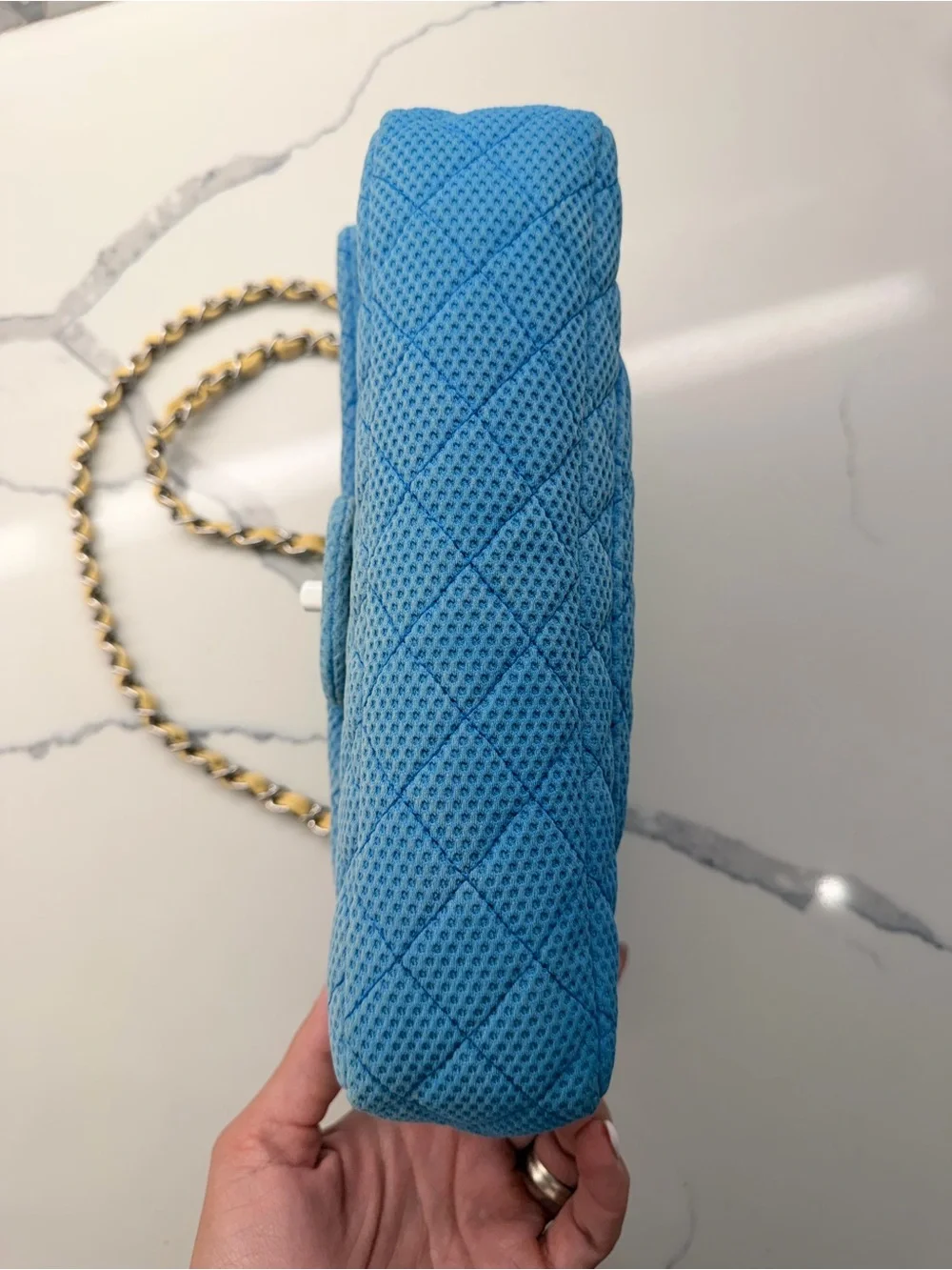 CHANEL Blue Quilted Perforated Jersey Shoulder Bag with  Chain